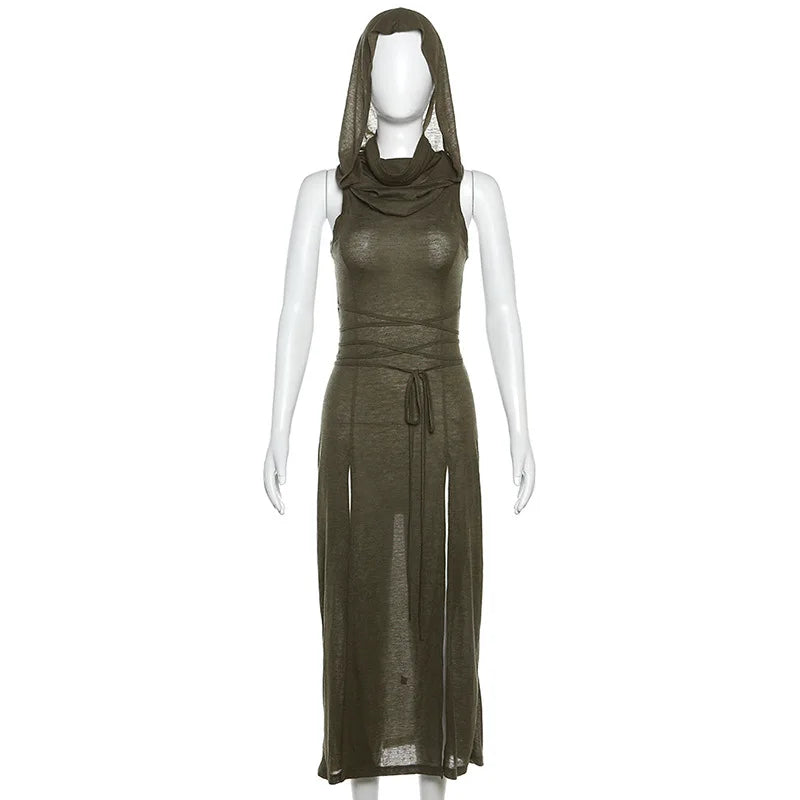 Cyber Gothic Desert Walker Hooded Dresses Y2K Punk Grunge Hollow Out Midi Dress Women Sexy Split Side Solid Streetwear