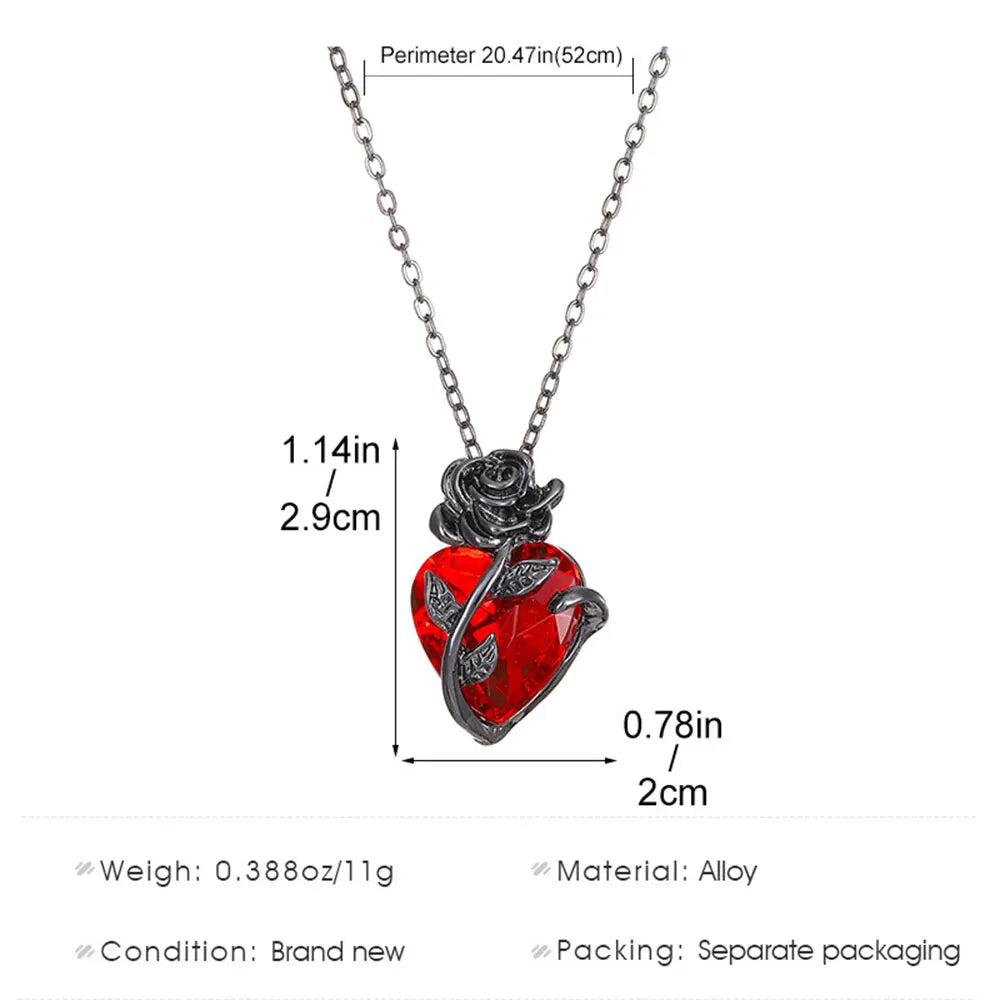 Gothic Dark Style Black Rose Wrapped Red Stone Peach Heart Pendant Necklace