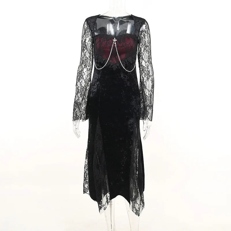 Elegant Mall Gothic Women Evening Dresses Grunge Aesthetic E-Girl Velvet Midi Dress Lace Splice Sexy Split Alt Outfits