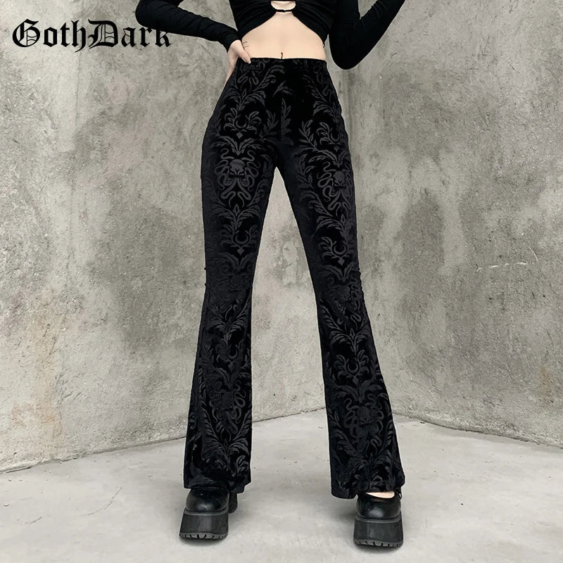 Vintage Floral Scratched Mall Gothic Pants Velvet High Waist Skinny Flare Trousers for Women Streetwear Cyber Y2K Pant