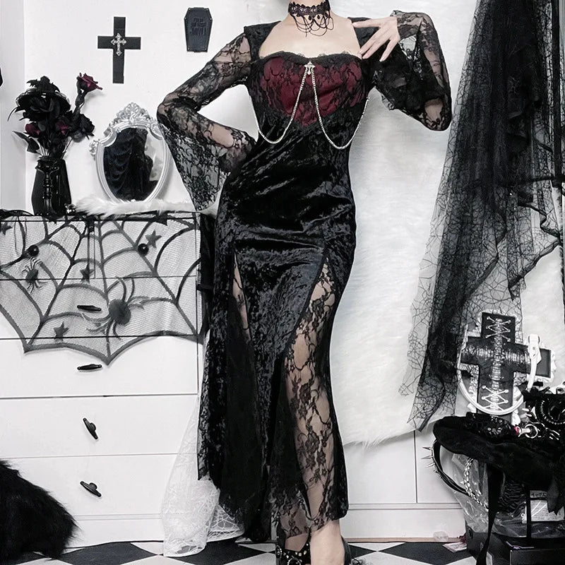 Elegant Mall Gothic Women Evening Dresses Grunge Aesthetic E-Girl Velvet Midi Dress Lace Splice Sexy Split Alt Outfits