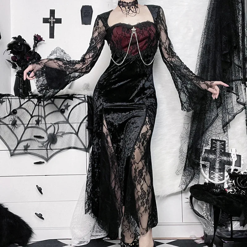Elegant Mall Gothic Women Evening Dresses Grunge Aesthetic E-Girl Velvet Midi Dress Lace Splice Sexy Split Alt Outfits