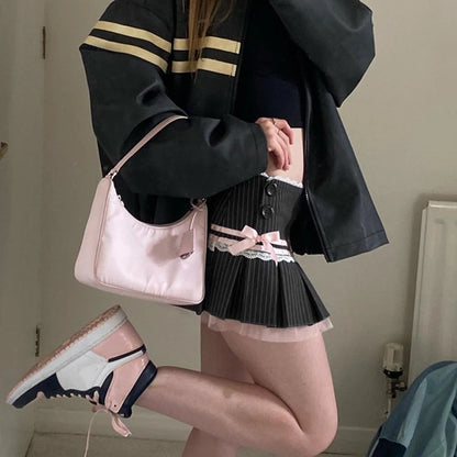 Harajuku Y2K Kwaii Lace Trim Mini Skirts Gothic Cutecore Bow Striped Pleated Skirt Low Waist Color Match Party Bottoms