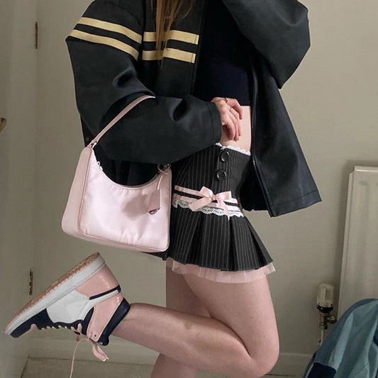 Harajuku Y2K Kwaii Lace Trim Mini Skirts Gothic Cutecore Bow Striped Pleated Skirt Low Waist Color Match Party Bottoms