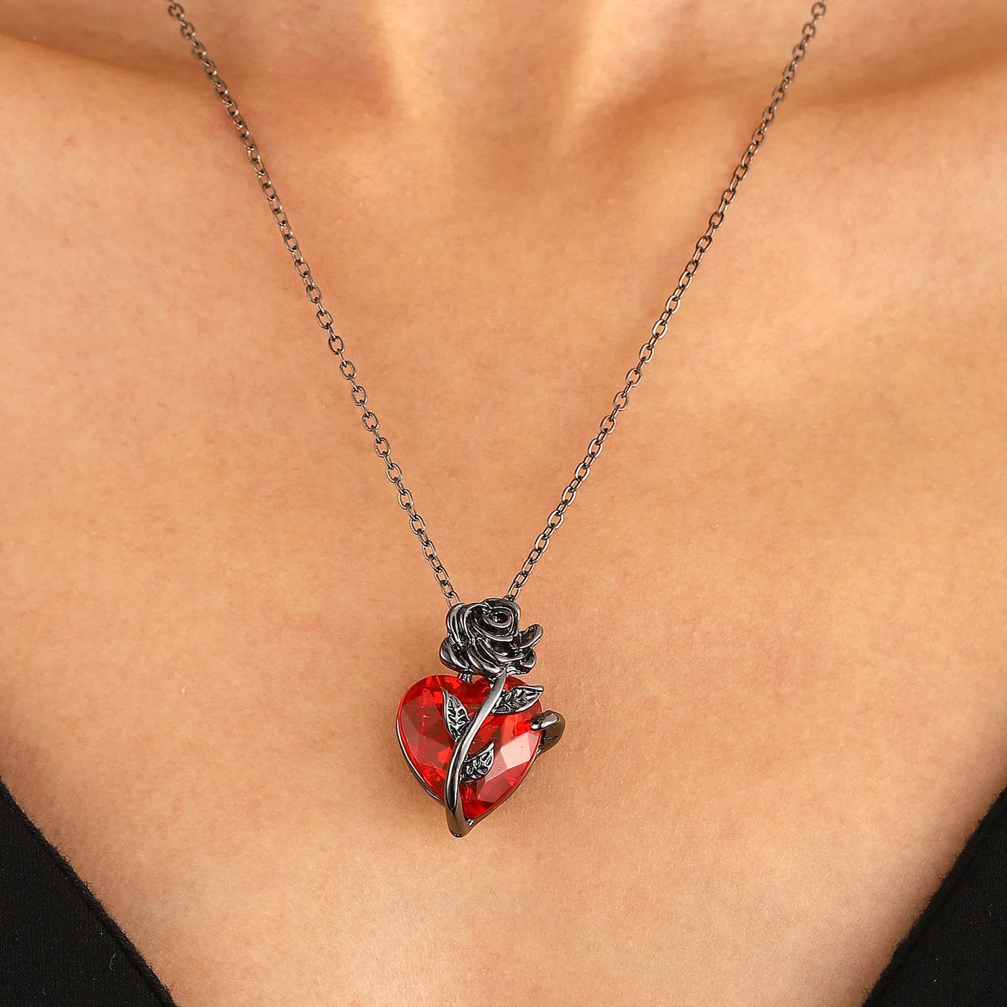 Gothic Dark Style Black Rose Wrapped Red Stone Peach Heart Pendant Necklace