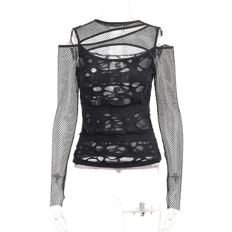 Frayed Mall Gothic Hollow Out T-Shirts Grunge Punk Fishnet Patchwork Women Blouses Sexy Long Sleeve Alt Streetwear Top