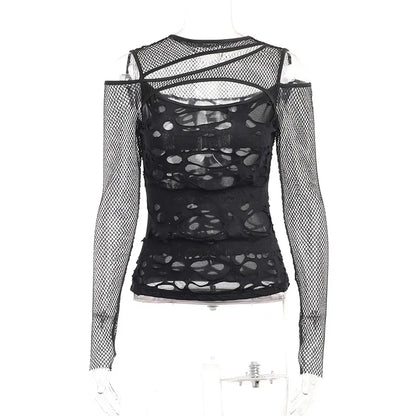 Frayed Mall Gothic Hollow Out T-Shirts Grunge Punk Fishnet Patchwork Women Blouses Sexy Long Sleeve Alt Streetwear Top