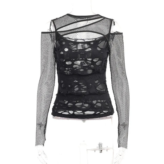 Frayed Mall Gothic Hollow Out T-Shirts Grunge Punk Fishnet Patchwork Women Blouses Sexy Long Sleeve Alt Streetwear Top