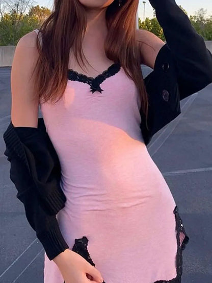 Fairycore Y2K Pink Dress Women Sexy E-Girl Lace Patchwork Strapless Dress Streetwear Harajuku Emo Alternative Clothes