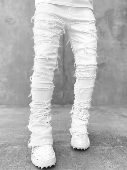 Men'S Regular Fit Stacked Jeans Ripped Slim Fit Patch Distressed Destroyed Straight Denim Pants Hip Hop Streetwear Trouser Cloth