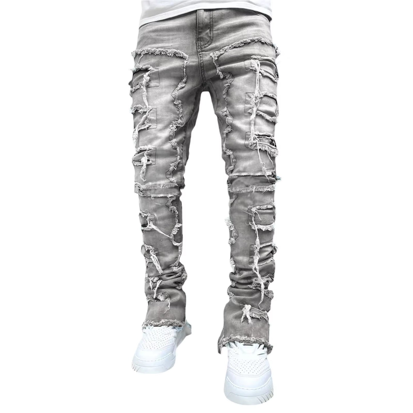 Men'S Regular Fit Stacked Jeans Ripped Slim Fit Patch Distressed Destroyed Straight Denim Pants Hip Hop Streetwear Trouser Cloth