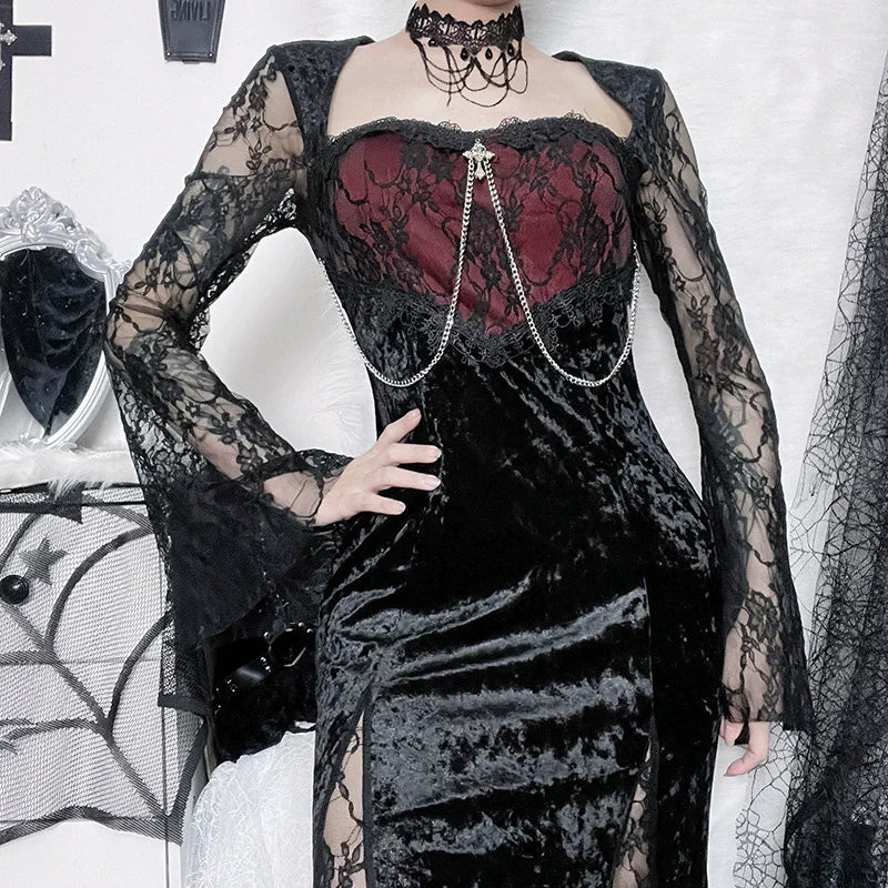 Elegant Mall Gothic Women Evening Dresses Grunge Aesthetic E-Girl Velvet Midi Dress Lace Splice Sexy Split Alt Outfits