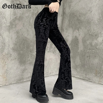 Vintage Floral Scratched Mall Gothic Pants Velvet High Waist Skinny Flare Trousers for Women Streetwear Cyber Y2K Pant