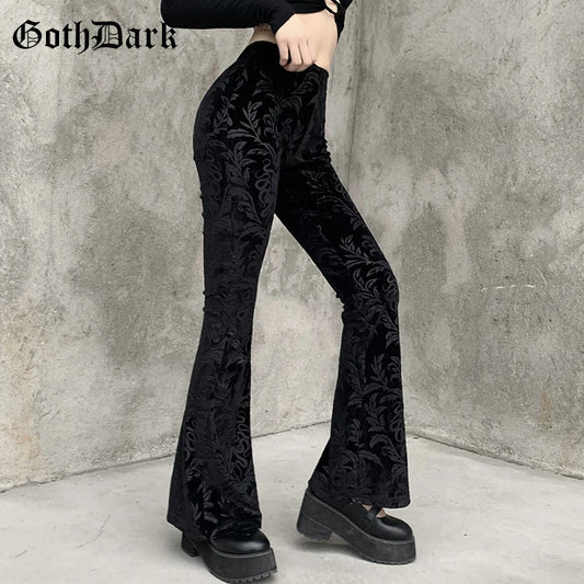 Vintage Floral Scratched Mall Gothic Pants Velvet High Waist Skinny Flare Trousers for Women Streetwear Cyber Y2K Pant