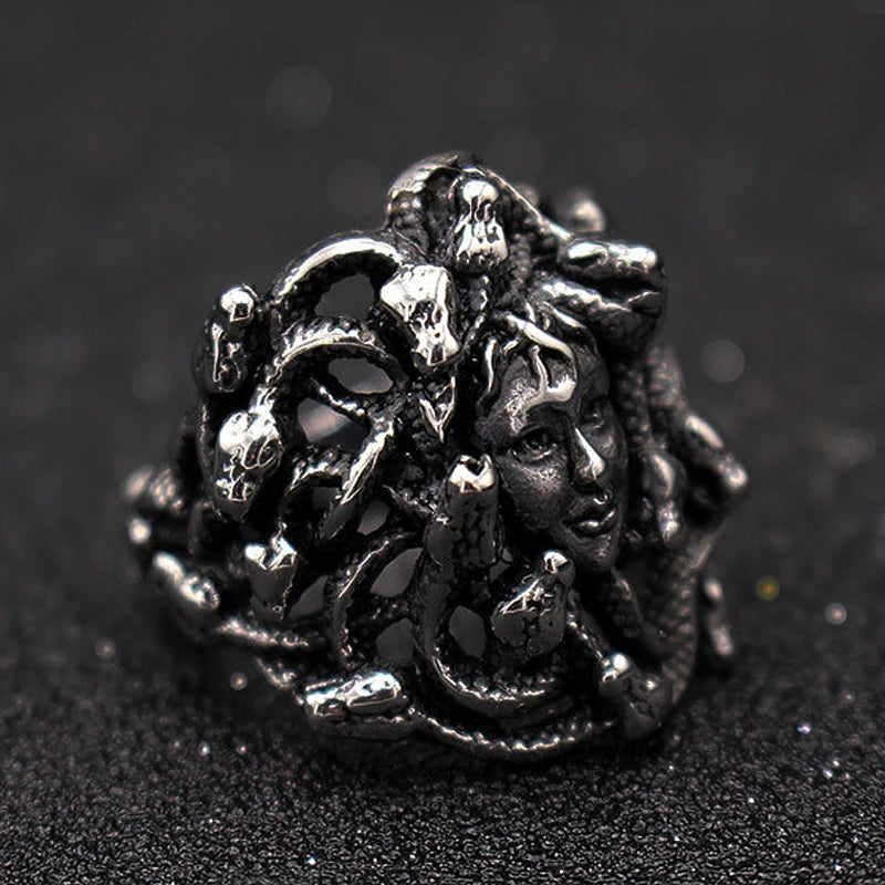 Ancient Greek Mythology Medusa Ring Men Women Silver Color Stainless Steel Gothic Snake Hair Gorgon Ring Punk Biker Jewelry