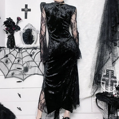 Elegant Mall Gothic Women Evening Dresses Grunge Aesthetic E-Girl Velvet Midi Dress Lace Splice Sexy Split Alt Outfits