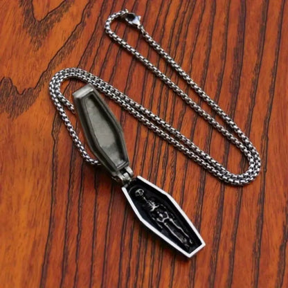 Vintage Men'S Stainless Steel Steampunk Coffin Vampire Skull Skeleton Pendant Necklace Gothic Punk Rock Biker Jewelry Gift