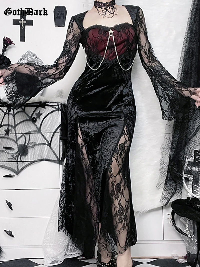 Elegant Mall Gothic Women Evening Dresses Grunge Aesthetic E-Girl Velvet Midi Dress Lace Splice Sexy Split Alt Outfits