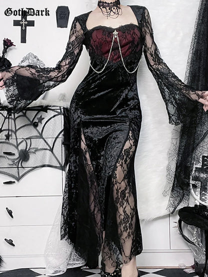 Elegant Mall Gothic Women Evening Dresses Grunge Aesthetic E-Girl Velvet Midi Dress Lace Splice Sexy Split Alt Outfits