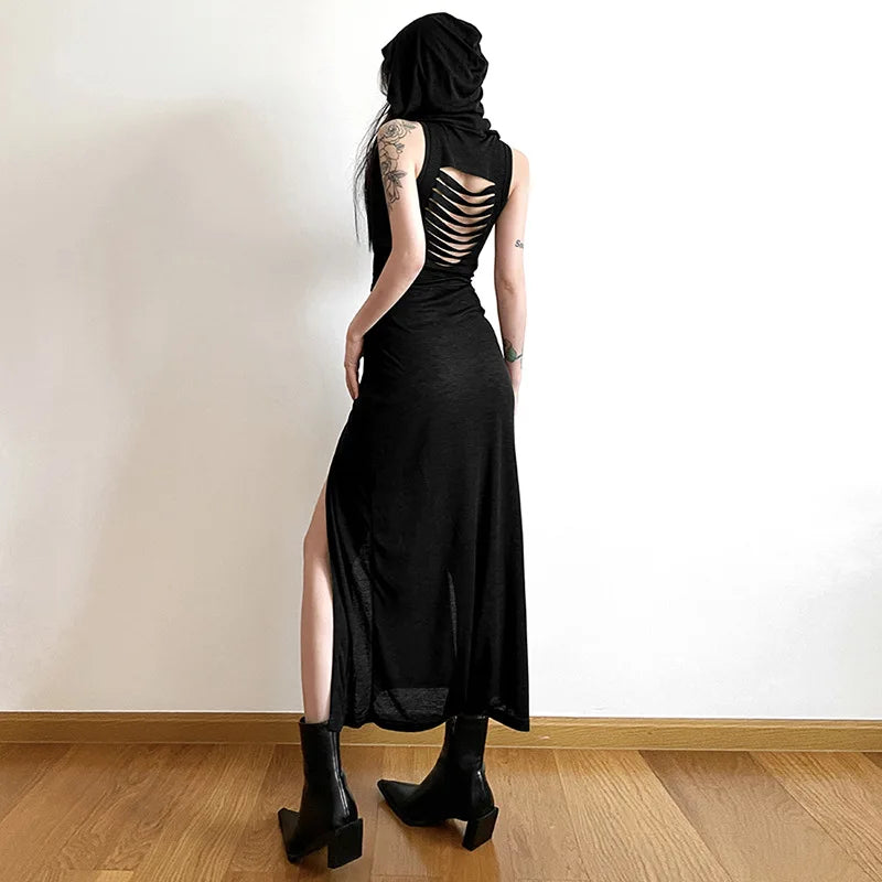 Cyber Gothic Desert Walker Hooded Dresses Y2K Punk Grunge Hollow Out Midi Dress Women Sexy Split Side Solid Streetwear