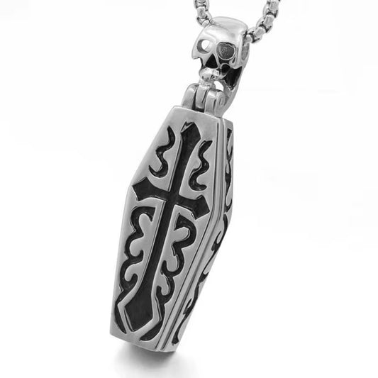 Vintage Men'S Stainless Steel Steampunk Coffin Vampire Skull Skeleton Pendant Necklace Gothic Punk Rock Biker Jewelry Gift