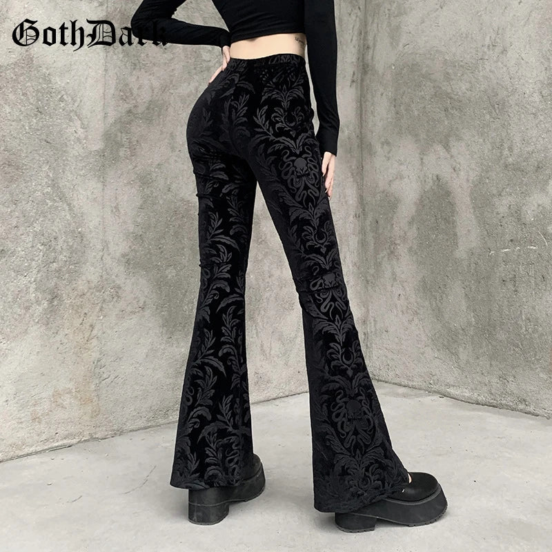 Vintage Floral Scratched Mall Gothic Pants Velvet High Waist Skinny Flare Trousers for Women Streetwear Cyber Y2K Pant