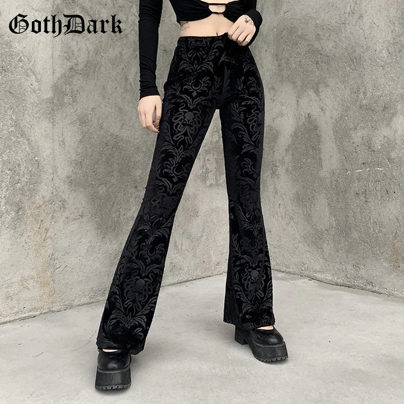 Vintage Floral Scratched Mall Gothic Pants Velvet High Waist Skinny Flare Trousers for Women Streetwear Cyber Y2K Pant