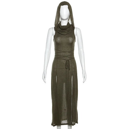 Cyber Gothic Desert Walker Hooded Dresses Y2K Punk Grunge Hollow Out Midi Dress Women Sexy Split Side Solid Streetwear