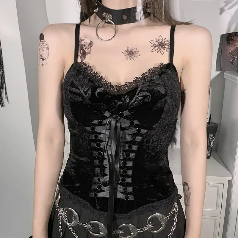 Velvet Y2K Mall Goth Crop Tops Black Lace Trim Emo Alternative Aesthetic Crop Tops Women Backless Sexy Strap Tanks Sleeveless