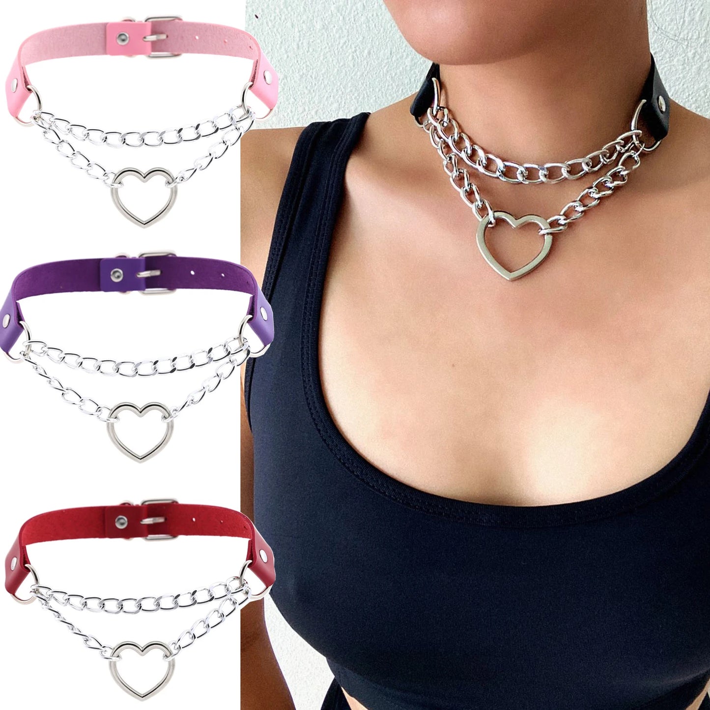 Heart Choker Collar for Women Goth Accessoies Black Leather Chain Chockers Gothic Punk Grunge Emo Necklace Jewelry