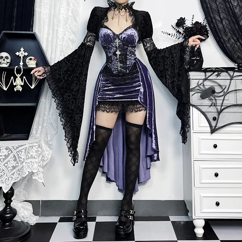 Gorgeous Victoria Gothic Velvet A-Line Dresses Female Elegant Evening Lolita Partywear Grunge Sling Lace Hem Alt Cloth