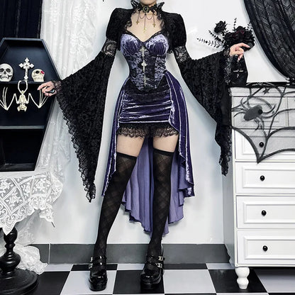 Gorgeous Victoria Gothic Velvet A-Line Dresses Female Elegant Evening Lolita Partywear Grunge Sling Lace Hem Alt Cloth