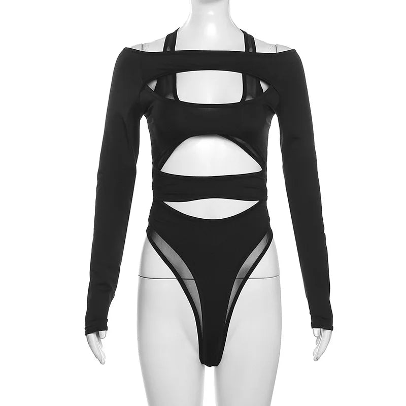 Cyber Y2K Punk Hollow Out Sexy Bodysuits Mall Gothic Bodycon Mesh Sheer T-Shirts Women Long Sleeve Patchwork Bodysuit