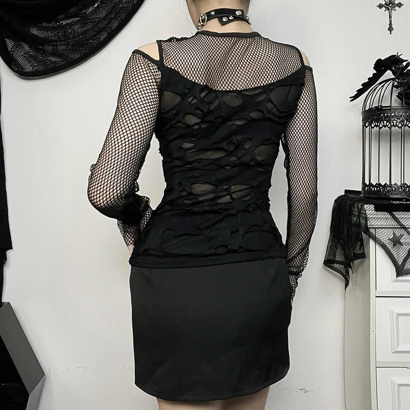 Frayed Mall Gothic Hollow Out T-Shirts Grunge Punk Fishnet Patchwork Women Blouses Sexy Long Sleeve Alt Streetwear Top