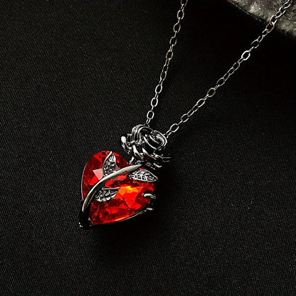 Gothic Dark Style Black Rose Wrapped Red Stone Peach Heart Pendant Necklace