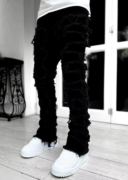 Men'S Regular Fit Stacked Jeans Ripped Slim Fit Patch Distressed Destroyed Straight Denim Pants Hip Hop Streetwear Trouser Cloth
