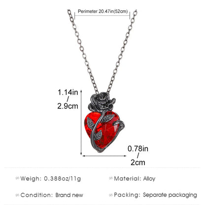 Gothic Dark Style Black Rose Wrapped Red Stone Peach Heart Pendant Necklace
