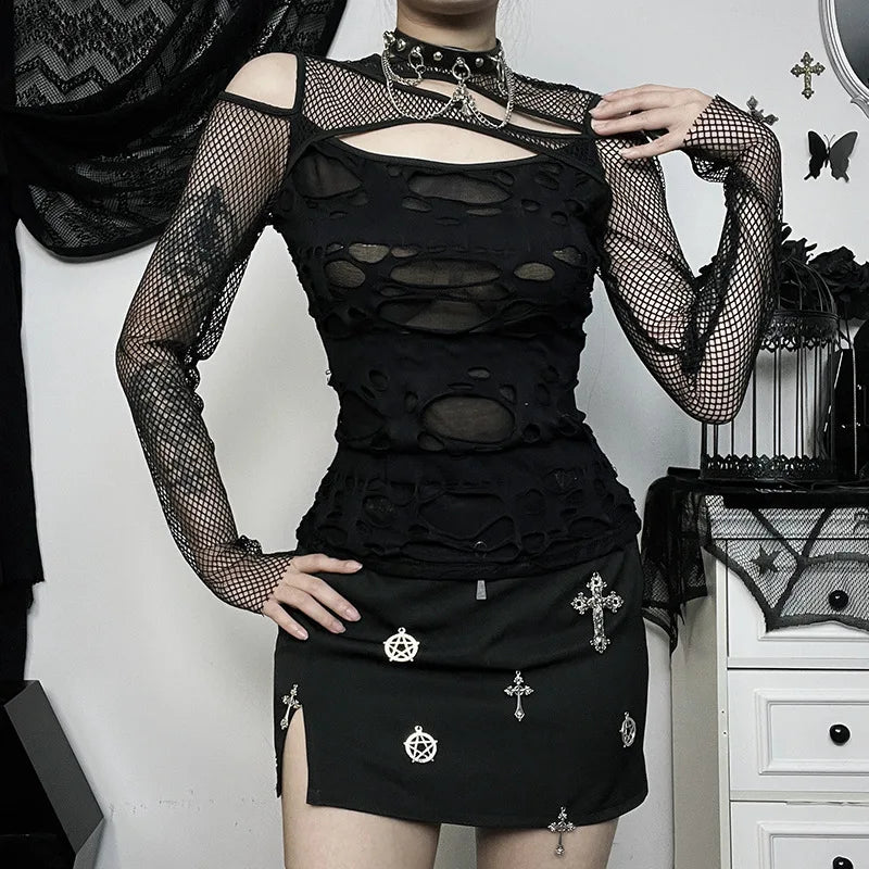 Frayed Mall Gothic Hollow Out T-Shirts Grunge Punk Fishnet Patchwork Women Blouses Sexy Long Sleeve Alt Streetwear Top