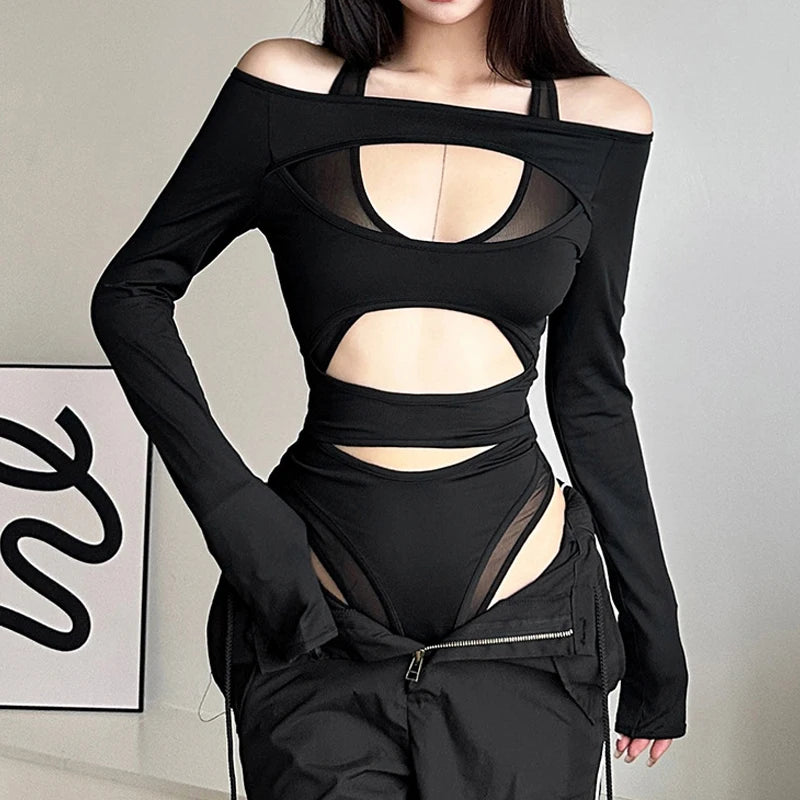 Cyber Y2K Punk Hollow Out Sexy Bodysuits Mall Gothic Bodycon Mesh Sheer T-Shirts Women Long Sleeve Patchwork Bodysuit