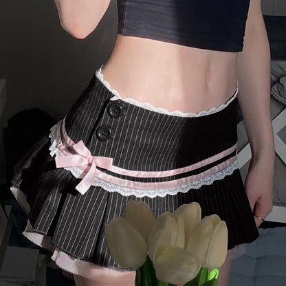 Harajuku Y2K Kwaii Lace Trim Mini Skirts Gothic Cutecore Bow Striped Pleated Skirt Low Waist Color Match Party Bottoms