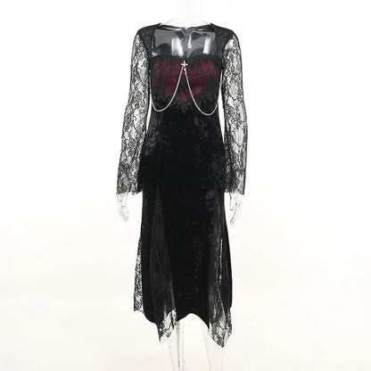 Elegant Mall Gothic Women Evening Dresses Grunge Aesthetic E-Girl Velvet Midi Dress Lace Splice Sexy Split Alt Outfits
