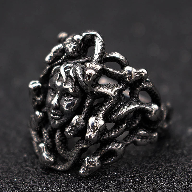 Ancient Greek Mythology Medusa Ring Men Women Silver Color Stainless Steel Gothic Snake Hair Gorgon Ring Punk Biker Jewelry