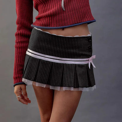Harajuku Y2K Kwaii Lace Trim Mini Skirts Gothic Cutecore Bow Striped Pleated Skirt Low Waist Color Match Party Bottoms