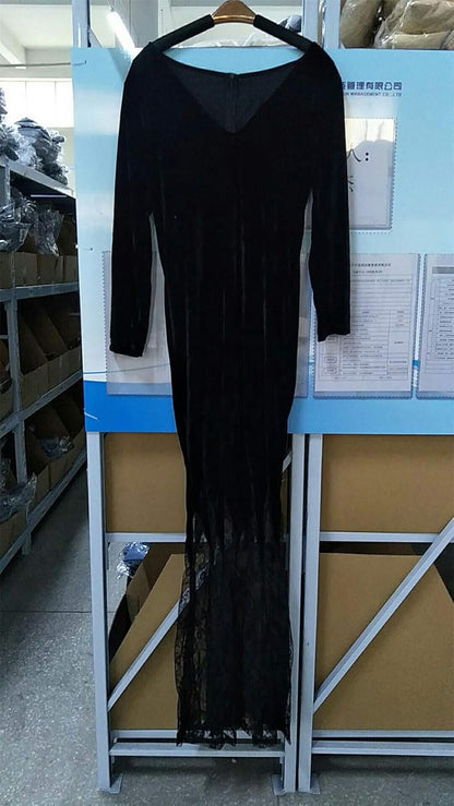 Women'S Maxi Dress V-Neck Black Lace Long Sleeve Party Gown Elegant Vestidos Lapel Rope High Waist Autumn Female