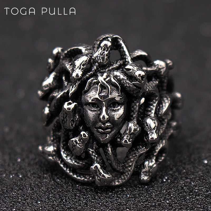 Ancient Greek Mythology Medusa Ring Men Women Silver Color Stainless Steel Gothic Snake Hair Gorgon Ring Punk Biker Jewelry