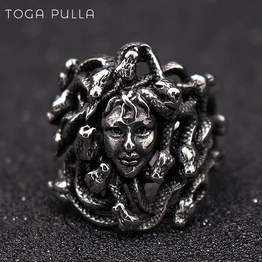 Ancient Greek Mythology Medusa Ring Men Women Silver Color Stainless Steel Gothic Snake Hair Gorgon Ring Punk Biker Jewelry