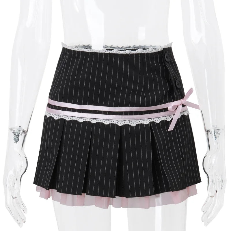 Harajuku Y2K Kwaii Lace Trim Mini Skirts Gothic Cutecore Bow Striped Pleated Skirt Low Waist Color Match Party Bottoms