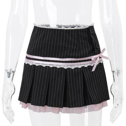 Harajuku Y2K Kwaii Lace Trim Mini Skirts Gothic Cutecore Bow Striped Pleated Skirt Low Waist Color Match Party Bottoms
