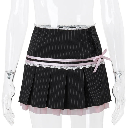 Harajuku Y2K Kwaii Lace Trim Mini Skirts Gothic Cutecore Bow Striped Pleated Skirt Low Waist Color Match Party Bottoms