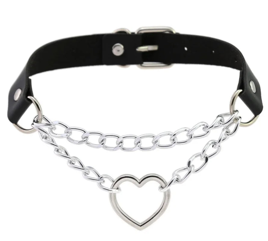 Heart Choker Collar for Women Goth Accessoies Black Leather Chain Chockers Gothic Punk Grunge Emo Necklace Jewelry
